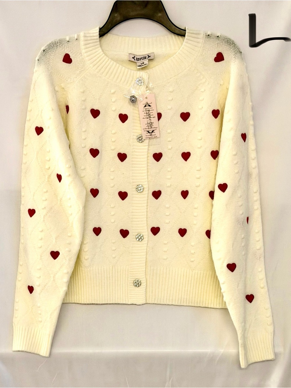 Nanette Lepore Cream Cardigan with Red Heart Embroidery